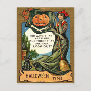 Young witch woman with broom and pumpkin, vintage postcard