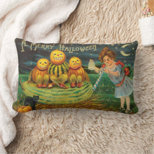 Young Witch's Brew: Pumpkin Men on Magick Altar Lumbar Pillow