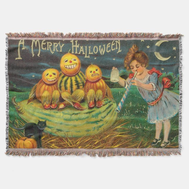 Young Witch's Brew: Pumpkin Men on Magick Altar Throw Blanket (Front)