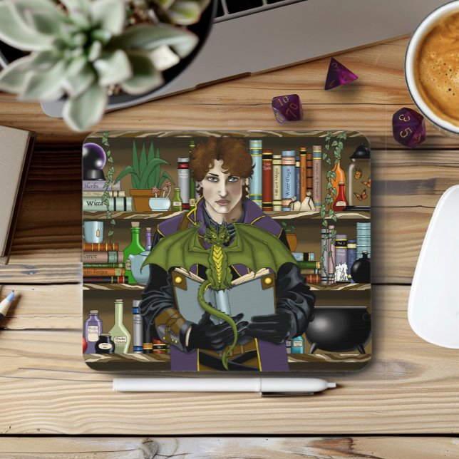 Young Wizard Fantasy Library Books Dragon Mouse Pad (Creator Uploaded)