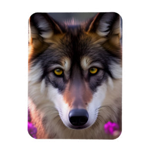 Young wolf in fuchsia pink flowers magnet