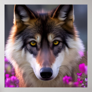 Young wolf in fuchsia pink flowers poster