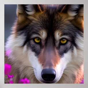 Young wolf in fuchsia pink flowers  poster
