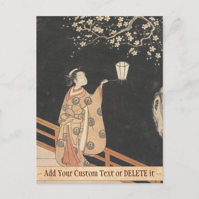 Young Woman Admiring Plum Blossoms at Night art Postcard (Front)