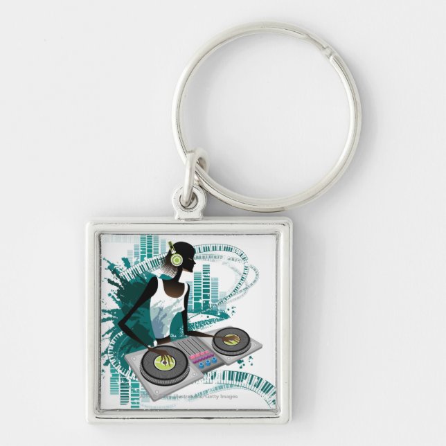 Young woman Dj Using Turntable in Nightclub Keychain (Front)