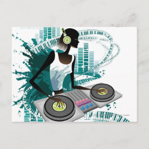 Young woman Dj Using Turntable in Nightclub Postcard