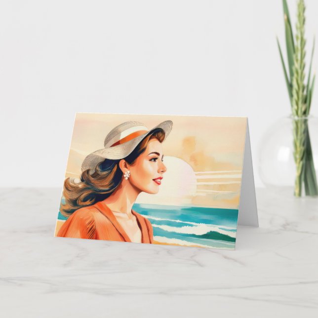 Young woman enjoying the sunshine at the coast card (Front)