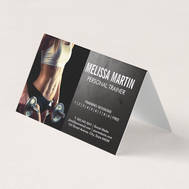 Young Woman Holding Dumbbells | Training Business Card (Front)