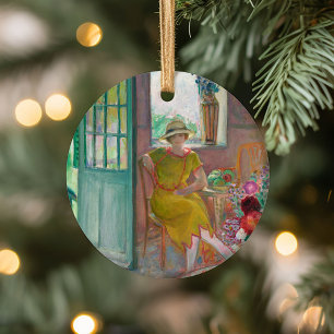 Young Woman in a Flowery Interior   Henri Lebasque Ceramic Ornament