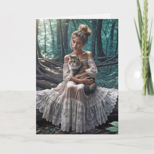 Young Woman In Woods With a Cat Card
