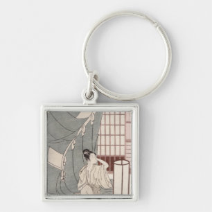 Young woman kneeling by her mosquito net, 1766 keychain