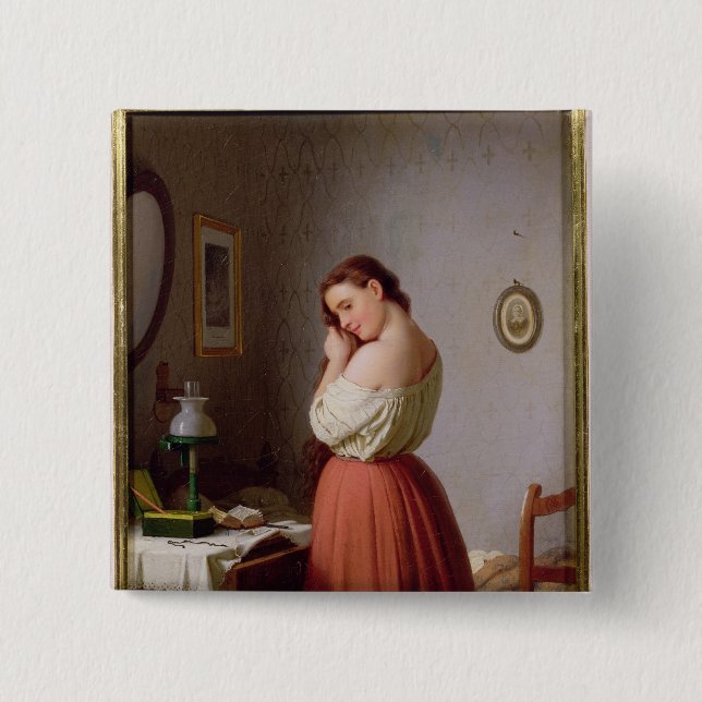 Young Woman Plaiting her Hair 2 Inch Square Button (Front)