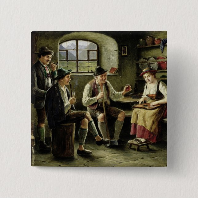 Young Woman Playing a Zither 2 Inch Square Button (Front)