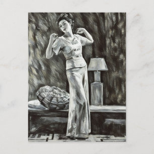 Young Woman posing in bedroom abstract drawing Postcard