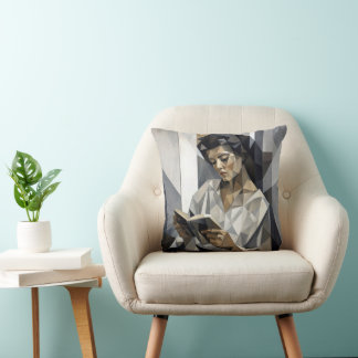 Young Woman Reading a Book Cubist Art Form Throw Pillow