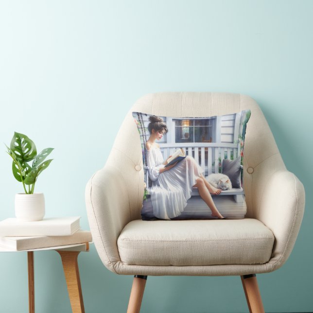 Young Woman Reading A Book With Cat Throw Pillow (Chair)