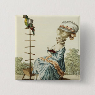 Young woman reading in a day dress with an elabora 2 inch square button