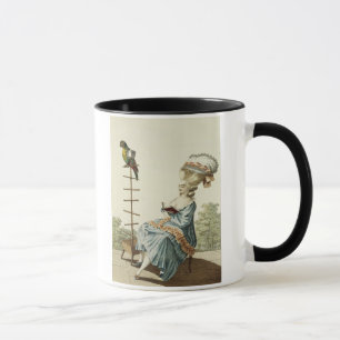 Young woman reading in a day dress with an elabora mug