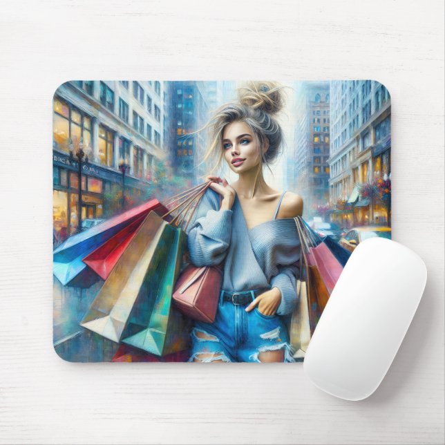 Young Woman Shopping In The Big City Mouse Pad (With Mouse)