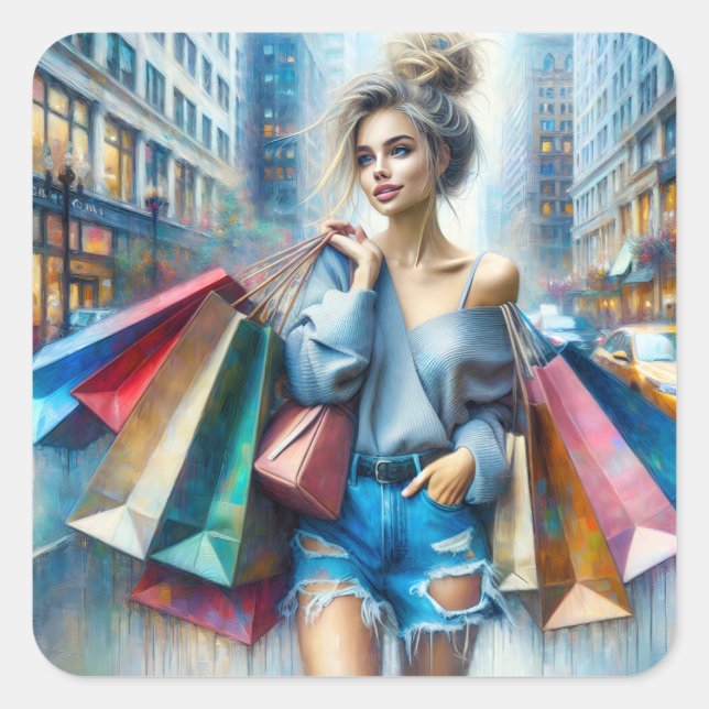 Young Woman Shopping In The Big City Square Sticker (Front)