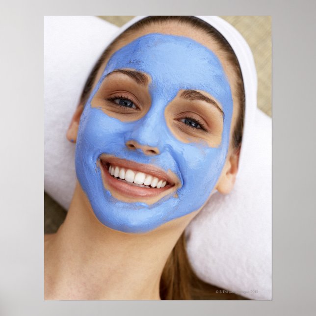 Young woman wearing facial mask, smiling, poster (Front)