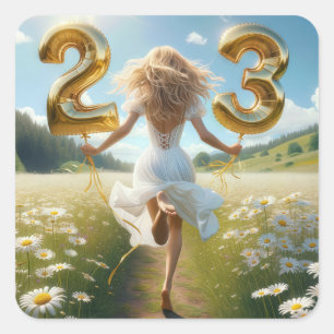 Young Woman With Balloons for 23rd Birthday Square Sticker