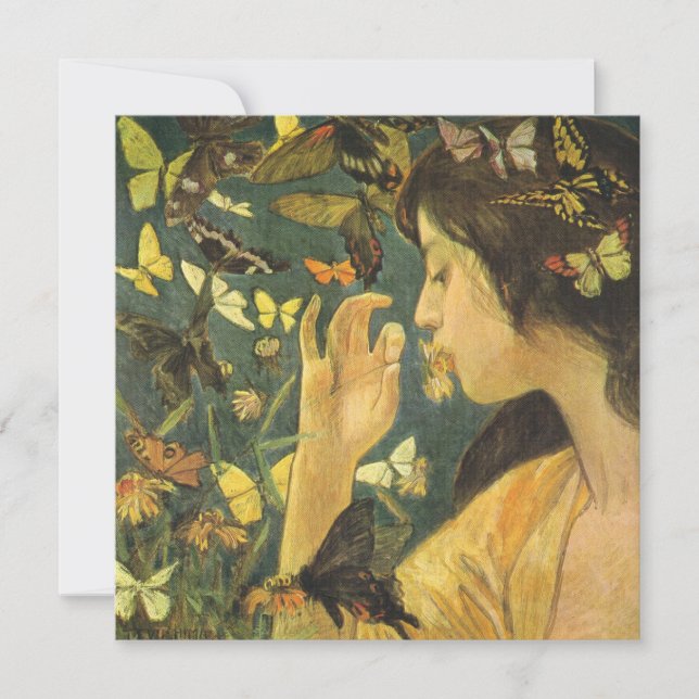 Young Woman With Beautiful Butterflies Card (Front)