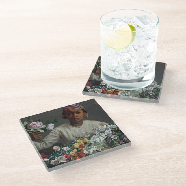 Young Woman with Peonies | Frédéric Bazille Glass Coaster (Angled)