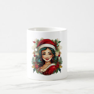 Young woman with santa claus clothes illustration  coffee mug