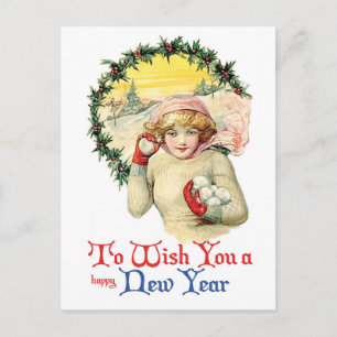 Young Woman with Snowballs, Funny Vintage New Year Postcard