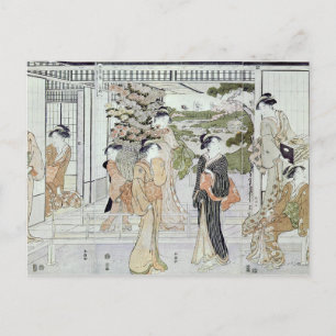 Young women with a basket of chrysanthemums postcard