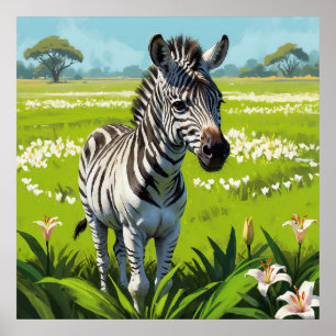 Young Zebra in Lily Flower Field Painting Poster