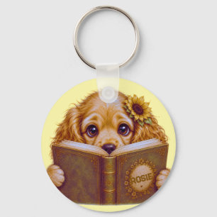 Youngsters Love Books, cocker spaniel pup Keychain