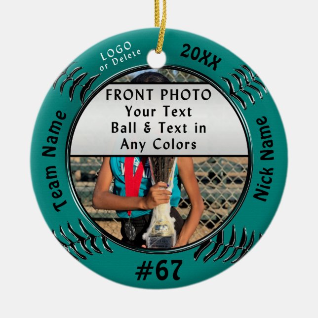 Your 2 Photos, 5 Text, Logo Softball Team Gifts Ceramic Ornament (Front)