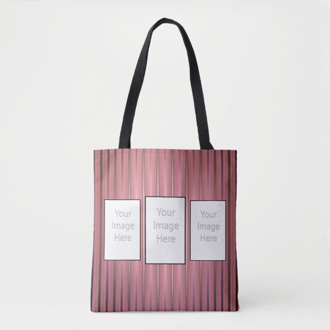 Your 3 Custom Photos with Modern Pink Stripes Tote Bag (Front)