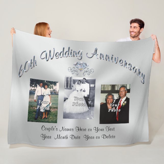 Your 3 Photos and Text Diamond Anniversary Gifts Fleece Blanket (In Situ)