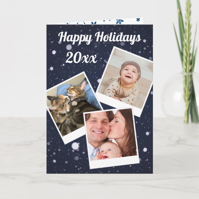 Your 3 photos in Polaroids Blue Snowflakes Holiday Card (Front)