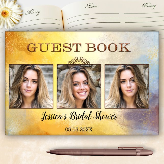 Your 3 Photos Watercolor Art Bridal Shower  Guest Book (Creator Uploaded)