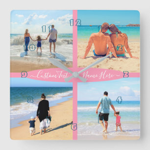 Your 4 Photo Collage Family Love Personalized Text Square Wall Clock