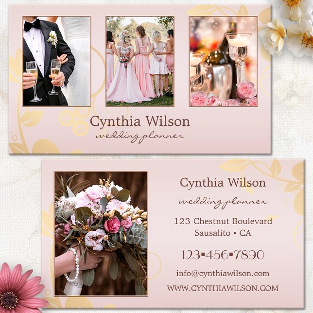 Your 4 Photos Blush Gold Wedding Planner Business Card (Wedding planner business card - chic gold floral on feminine pink with custom photos - event planner)