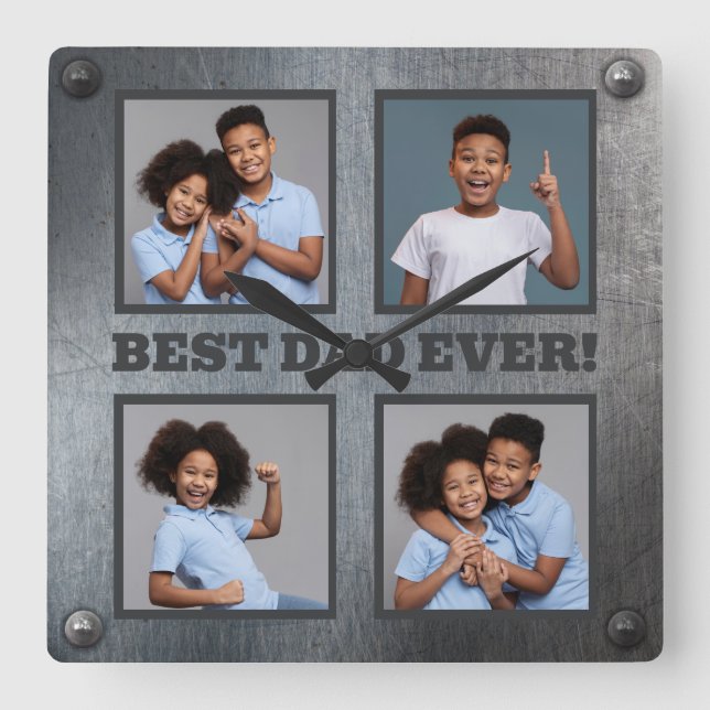 YOUR 4 Photos & Text BEST DAD EVER faux metal Square Wall Clock (Front)