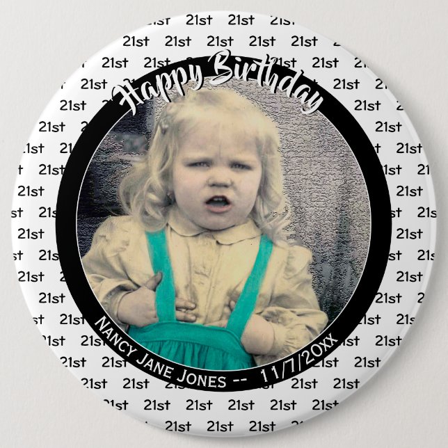 Your Age & Photo: Birthday Number Pattern Black 6 Inch Round Button (Front)