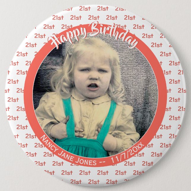 Your Age & Photo: Birthday Number Pattern Coral 6 Inch Round Button (Front)
