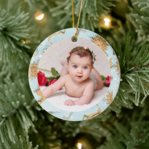 Your Baby's Photo CUSTOM Baby Blue Gold Christmas Ceramic Ornament