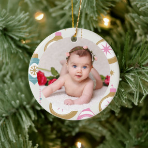 Your Baby's Photo CUSTOM Christmas Colourful Retro Ceramic Ornament
