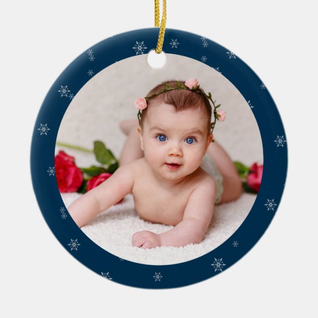 Your Baby's Photo CUSTOM Christmas German Blue Ceramic Ornament (Front)