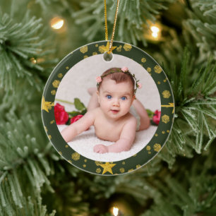 Your Baby's Photo CUSTOM Christmas Gold Green Luxe Ceramic Ornament