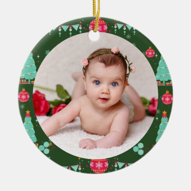 Your Baby's Photo CUSTOM Christmas Green Colourful Ceramic Ornament (Front)