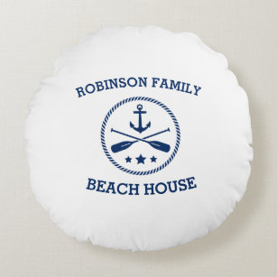Your Beach House Family Name Anchor Oars Stars Round Pillow