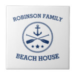Your Beach House Family Name Anchor Oars Stars Tile<br><div class="desc">Stylish ceramic tiles with your personalized family name or other text,  a custom nautical boat anchor with crossed oars and stars in navy blue on white or choose background colours to match your decor.</div>